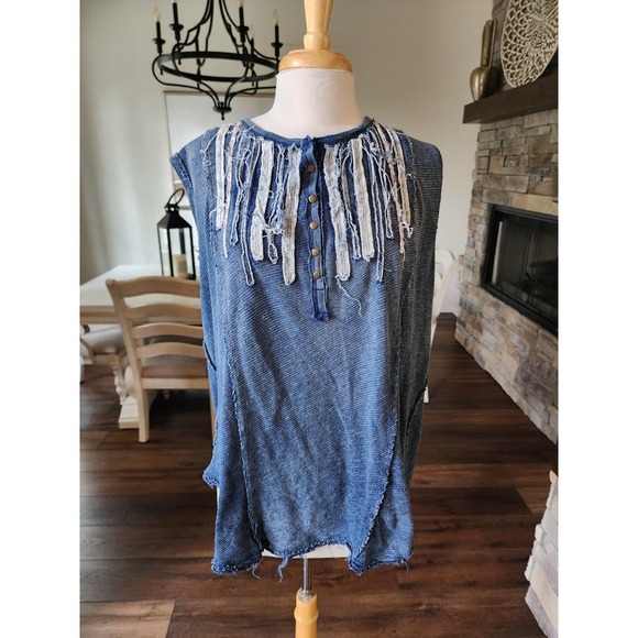 We The Free People Harvey Muscle Tunic Tank Top Indigo Blue Womens Boho Boxy - Picture 2 of 12
